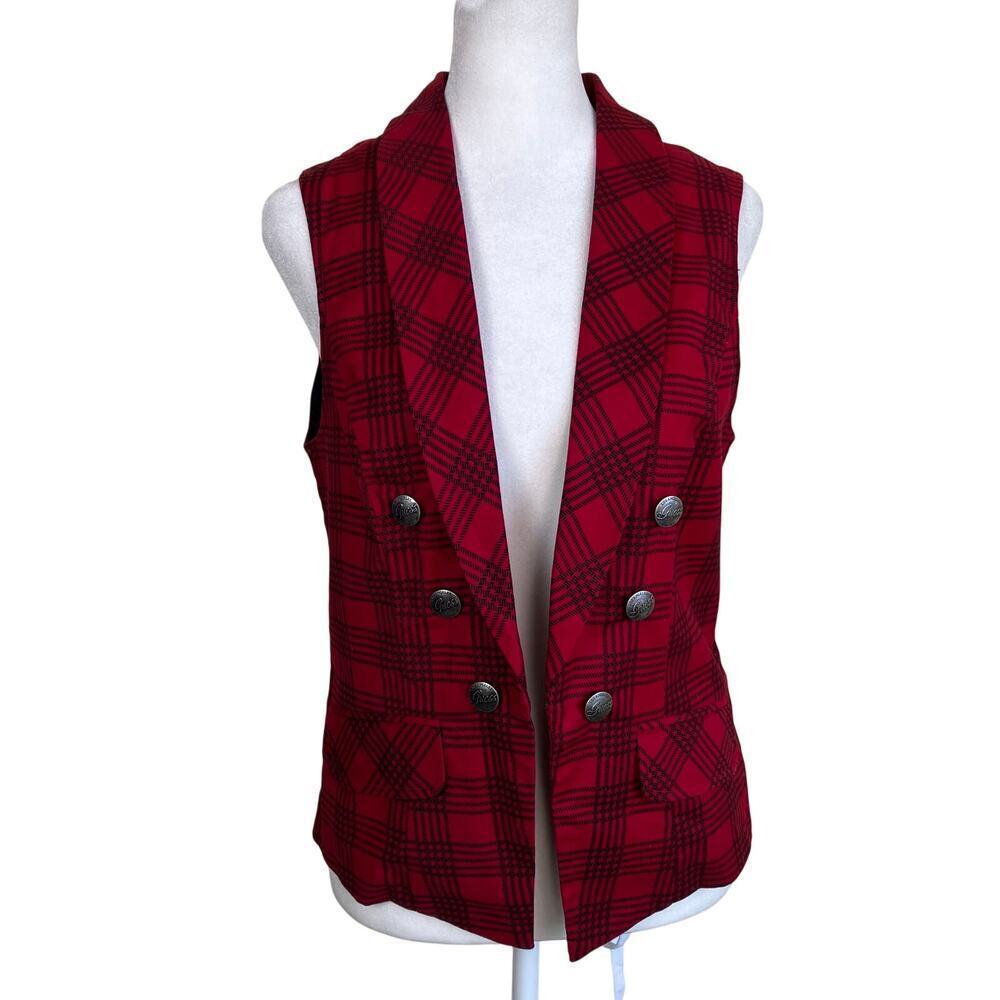 Guess Sz M Red & Black Plaid Double-Breasted Military Style Vest Punk Rock Y2K - Picture 3 of 16